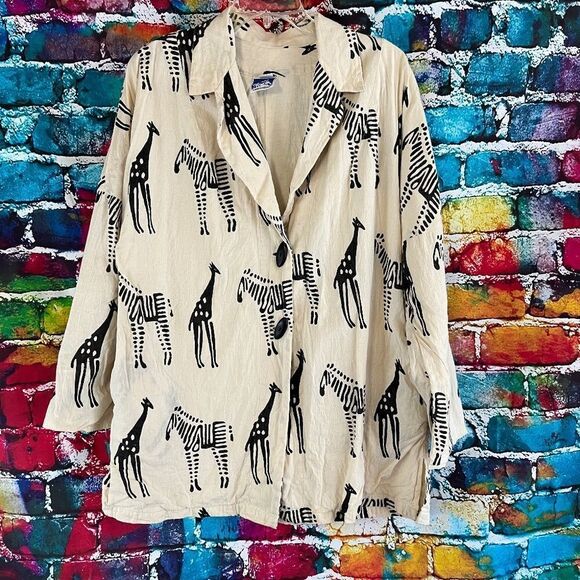Vintage 90s Cheppu Nepal Oversized Free Size Giraffe Zebra Blazer Jacket - Picture 1 of 7